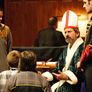 Faculty member John Sharp plays a leader of the state church during the Anabaptist Game, along with students Joel Murray of and Tyler Jones.