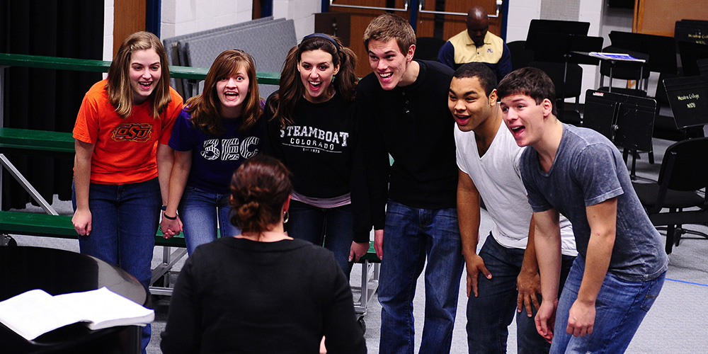 Cast members rehearse for the Hesston College production of The 25th Annual Putnam County Spelling Bee