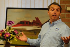 Mark Miller shares about serving others in his work as a flight instructor at Wells Aircraft in Hutchinson with Hesston College students, alumni, prospective students and faculty and staff during the college’s annual Aviation as Mission event.