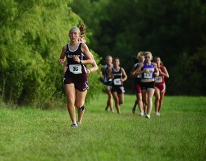 Hesston College freshman Krista Rittenhouse runs at the Friends University meet.