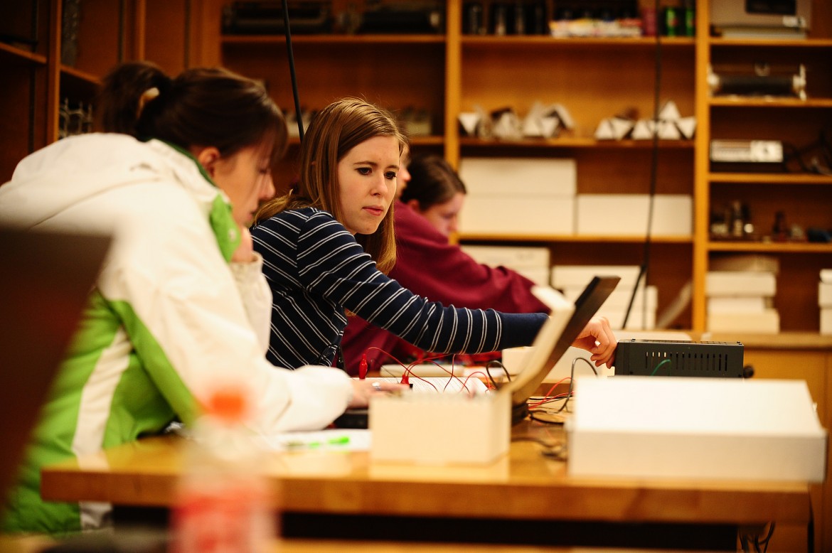 Students in Hesston College's physics lab