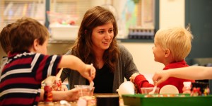 Deb Yoder_4536 Deb Yoder works with preschoolers in the Hesston College Lab Preschool. The preschool serves as a learning environment for both preschool children and for the college students who work with them.