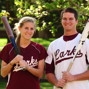 Hesston College career home run record holders Erika Shrock and Tyler Yoder
