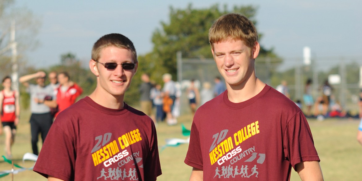 Hesston College men's cross country runners Jacob Landis and Kenny Graber