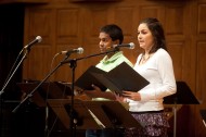 Kush Lengacher ’12 of New Providence, Pa., and Andrea DeAvila Balboa ’12 of Matamoros, Mexico, read Scripture during the Sunday morning worship service.