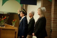 Bible and Ministry faculty Michele (Schrock) ’81 Hershberger presents a skit entitled “Menno Airlines” during the Alumni Banquet Saturday evening.