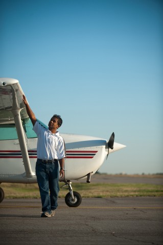 Sophomore Aviation student Kush Lengacher of New Providence, Pa. goes through the pre-flight process.