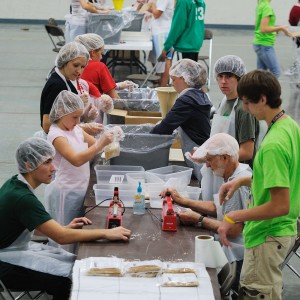 Hesston College students, faculty, staff and local community members came together to package more than 50,000 meals during Numana’s food-packaging event Oct. 1.