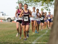 Sophomore Krista Rittenhouse (Mt. Pleasant, Pa.) leads a pack of runners. Photo by Curtis Denlinger