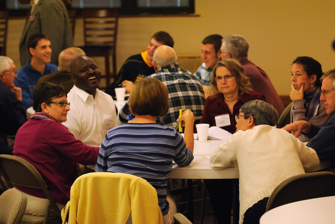 Participants at Hesston College’s Anabaptist Discipleship and Vision Series conference discuss ways to be more inclusive during a breakout session.