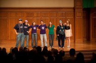 "The Bills and Normas" sing a parting song during the annual talent show. The group, made up of sophomores, hosts the talent show each year. Pictured from left are Andrew Penner (Fresno, Calif.), Brad Sandlin (Valley Center, Kan.), Kaedi LeFevre (Hesston, Kan.), Joel Murray (Hesston, Kan.), Hannah Bachman (Tiskilwa, Ill.), Rachel Brown (Inola, Okla.), and Kate Steury (New Paris, Ind.).