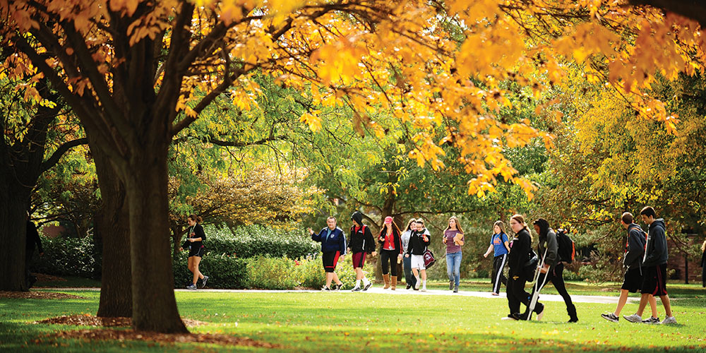 Students walking across the Hesston College campus