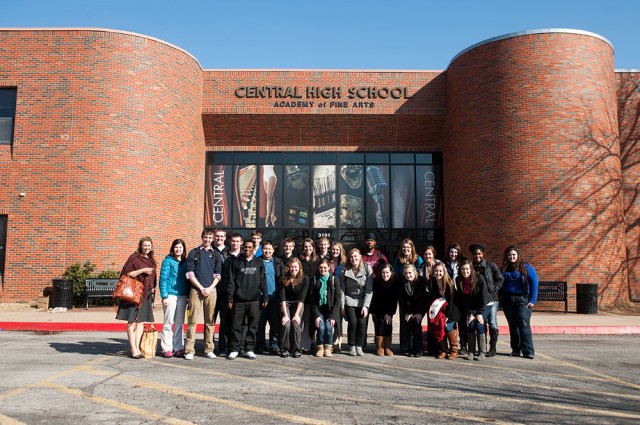 120214_edintro_tulsa401web The Hesston College group poses outside Tulsa Central Junior High and High School after their day of observing and working with students.