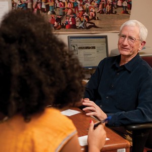 Dave Osborne meets with Zenawit Nerae, a sophomore from Addis Ababa, Ethiopia.