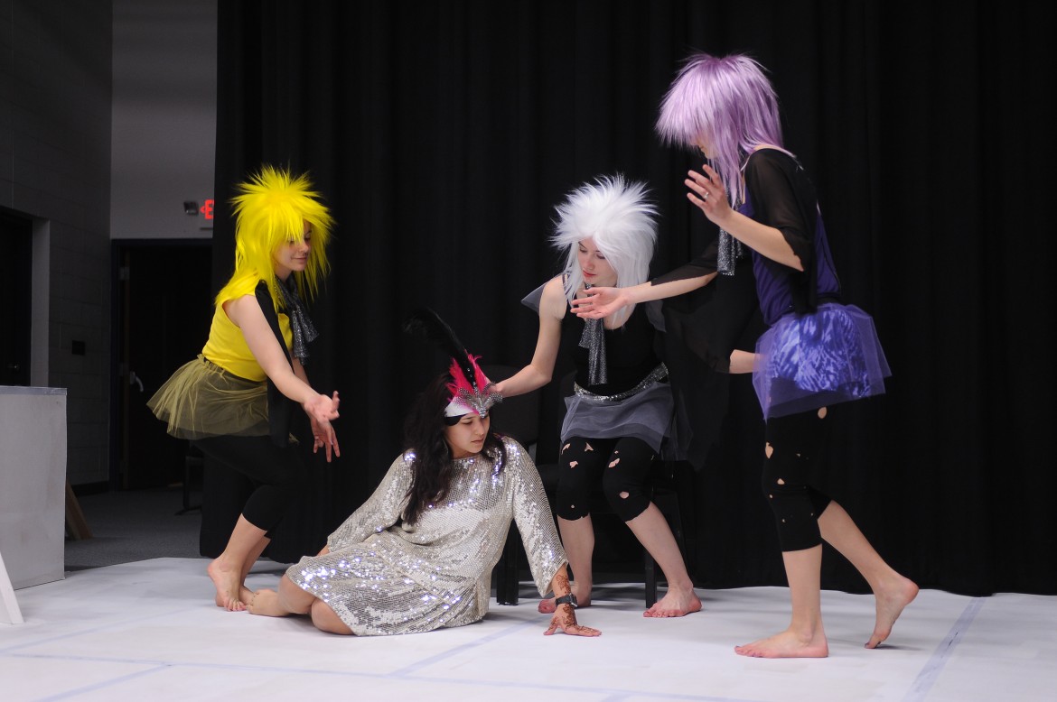 Hesston College students rehearse a scene from the theatre department's upcoming production of Shakespeare's "A Midsummer Night's Dream."