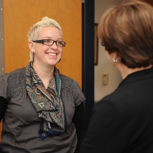 Rachel Neufeld, 2001 Hesston College graduate, talks with Hesston’s Director of Nursing Bonnie Sowers.