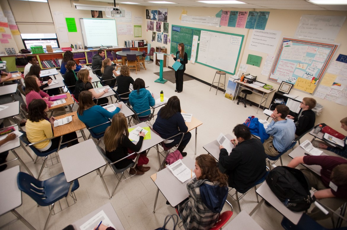 Hesston College students are introduced to Tulsa Central Junior High and High School by Ms. Sadie Stockdale during a February 2012 visit.