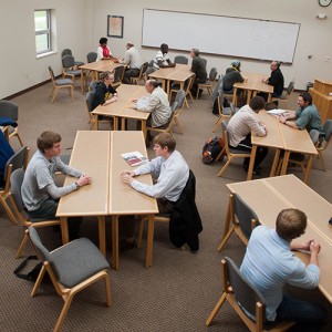 Hesston College students share their experiences with Hesston College Bible classes with Bible teachers from nine Mennonite high schools April 12.