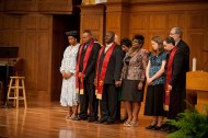 Hesston College Pastoral Ministries graduates and their wives receive a prayer of blessing from Bible and Ministry faculty and staff.