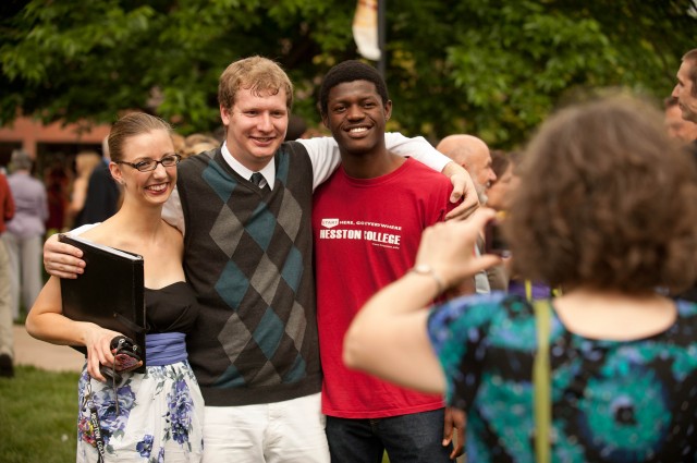 Hesston College sophomore Alanah Rempel (Grand Lake, Colo.), graduate Dawson Waltner (Freeman, S.D.) and freshman Junau Louis-Jean (Les Cayes, Haiti) pose for a picture following commencement May 6.