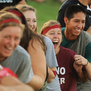 Students participate in the lap sit during the annual Opening Weekend Mod Olympics.