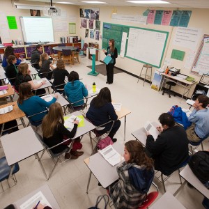 Hesston College students in the spring 2012 Introduction to Education class receive an introduction to Tulsa (Okla.) Central Junior High and High School from English teacher Sadie Stockdale.
