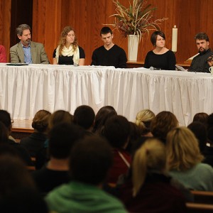 Hesston College sophomore Bonita Garber (Bainbridge, Pa.), third from right, shares during a panel discussion about her experiences and views with gender roles Jan. 16.