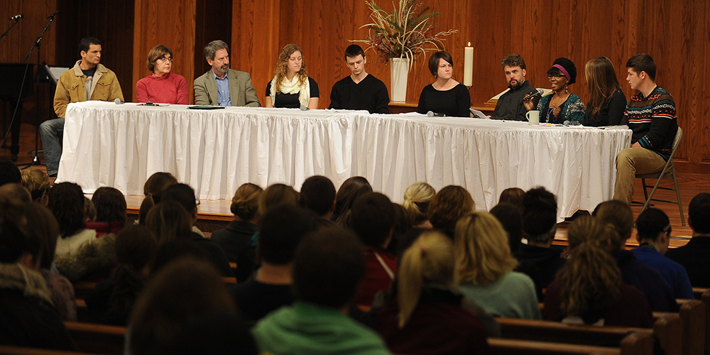 Hesston College sophomore Bonita Garber (Bainbridge, Pa.), third from right, shares during a panel discussion about her experiences and views with gender roles Jan. 16.