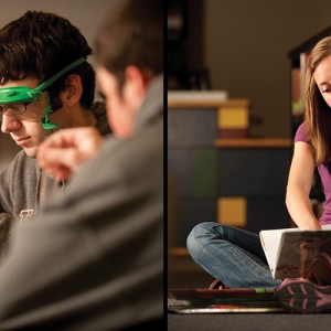 Left: Logan Orpin ’13 (Canton, Kan.) experiments in chemistry lab. Right: Janae King ’13 (Gordonville, Pa.) reads for her education practicum with a Hesston Elementary student.