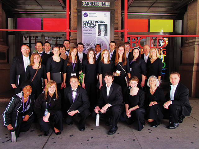 Hesston College's Bel Canto Singers pose at an entrance to Carnegie Hall in New York City.