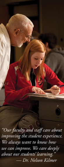 Chemistry instructor Jim Yoder works with Emmie Dudas ’13 (Walbridge, Ohio) on lab work. Hesston has the highest score among two-year colleges nationwide for student-faculty interaction.