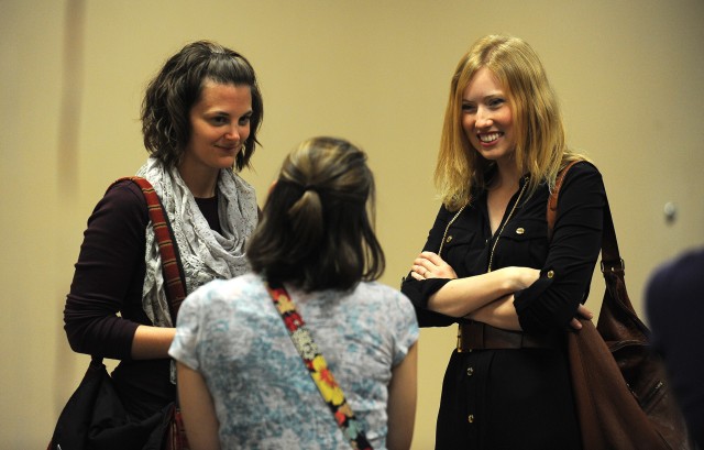 Bethany Miller (Hesston, Kan.) and Megan Miller (Wichita, Kan.) talk with Amanda Yoder (Goshen, Ind.), a fellow Hesston College Class of 2008 alumna during class reunions Sept. 28. 