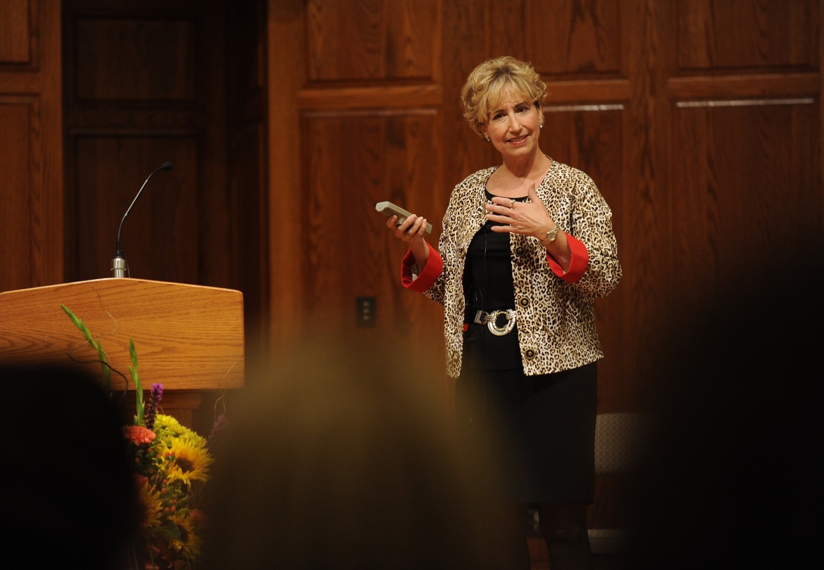 Gloria Solis, a 1980 Hesston College graduate and chief nursing officer and chief operating officer at Saint Luke’s East Hospital in Lee’s Summit, Mo., gives the keynote presentation, “The Future of Nursing: It’s in our Hands,” as the kickoff to Hesston College’s Homecoming symposium Sept. 27.