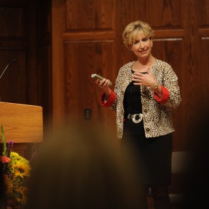 Gloria Solis, a 1980 Hesston College graduate and chief nursing officer and chief operating officer at Saint Luke’s East Hospital in Lee’s Summit, Mo., gives the keynote presentation, “The Future of Nursing: It’s in our Hands,” as the kickoff to Hesston College’s Homecoming symposium Sept. 27.