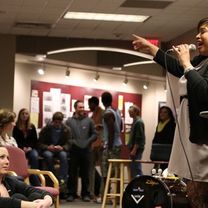 A member of the Terrel Verner Trio performs at a Hesston College coffee house Jan. 24 in honor of Martin Luther King, Jr., Day. Photo by Alex Leff, Hesston College.