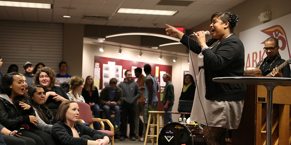 A member of the Terrel Verner Trio performs at a Hesston College coffee house Jan. 24 in honor of Martin Luther King, Jr., Day. Photo by Alex Leff, Hesston College.