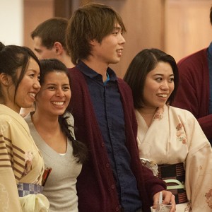 Hesston College students Sho Ishihara, Ayaka Senoo, Narumi Hayano, Danika Saucedo Salas, Shikou Morishita, Misaki Hirayama and Kento Ueda merge their cultures during the college’s annual Cultures Fair Feb. 20. International students shared their customs, culture, music and food with the campus community during the celebration.