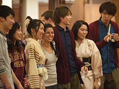 Hesston College students Sho Ishihara, Ayaka Senoo, Narumi Hayano, Danika Saucedo Salas, Shikou Morishita, Misaki Hirayama and Kento Ueda merge their cultures during the college’s annual Cultures Fair Feb. 20. International students shared their customs, culture, music and food with the campus community during the celebration.