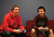 Jason (in red) and Kelvin take a study break for video games in the mod. Photo by Alex Leff '15.