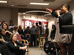 A member of the Terrel Verner Trio performs at a Hesston College coffee house Jan. 24 in honor of Martin Luther King, Jr., Day. Photo by Alex Leff, Hesston College.