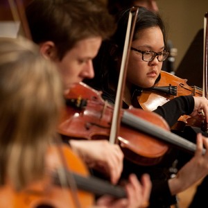 Freshman Quinn Kathrineberg performs as part of Hesston College’s string ensemble.