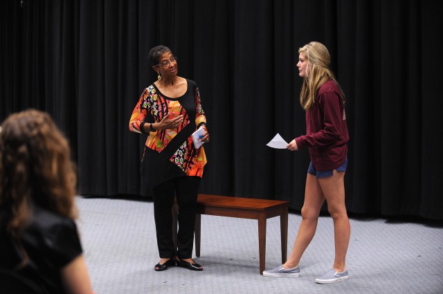 Guest presenter Egla (Birmingham) Hassan, who taught drama at Hesston from 1977 to 80 works with Hesston College acting student Abbie DeWild (Kalona, Iowa) on a monologue Sept. 25.