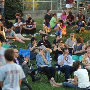 Hesston College students, alumni and friends enjoy a tapas meal on the lawn