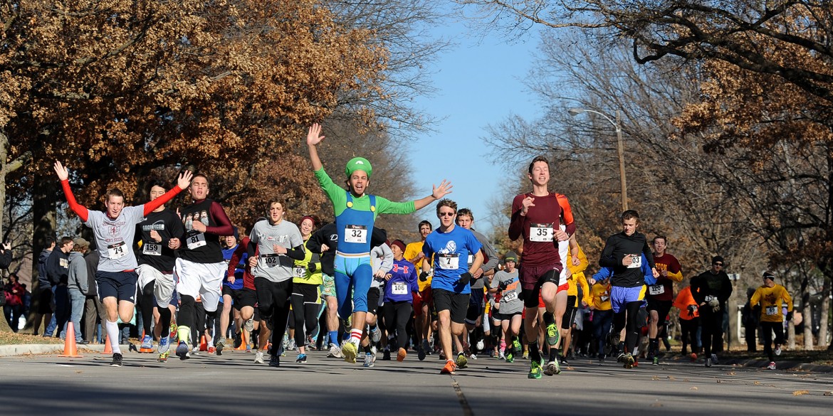 Runners start the Hesston College Howard Hustle Two-Mile Run/Walk during the college’s 2013 Thanksgiving Weekend celebration