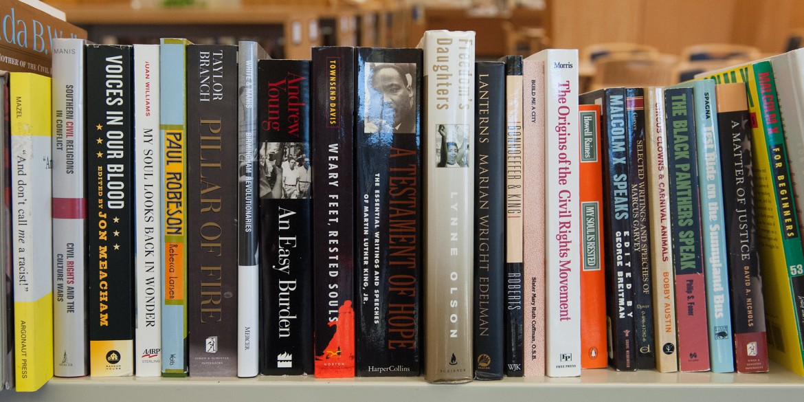 Some of the books Bruce and Joy Rogers donated to Mary Miller Library.