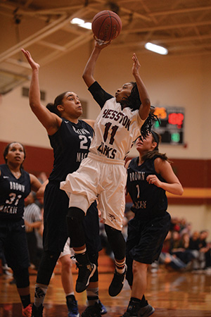 Jermani Thompson shoots for the Larks women's basketball team