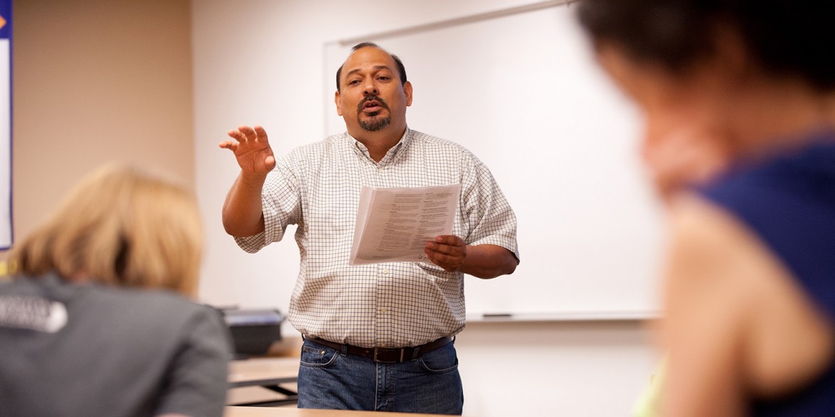 Marvin Lorenzana of Mennonite Mission Network talks to students in Michele Hershberger’s Exploring Ministry class Sept. 10, at Hesston College.