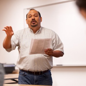 Marvin Lorenzana of Mennonite Mission Network talks to students in Michele Hershberger’s Exploring Ministry class Sept. 10, at Hesston College.