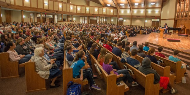 Hesston Mennonite Church was filled to capacity for Calcaterra’s presentation on her book and her work.