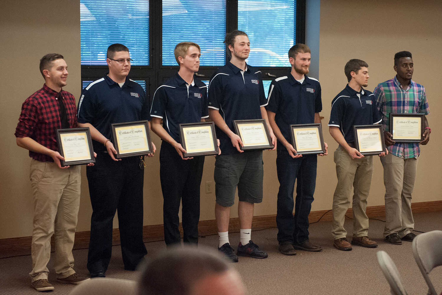 Aviation and Air Traffic Control students are recognized during a May 9 celebration for eight professional pilot graduates and one air traffic control graduate. Pictured are Cody Miller ’15 (Wellman, Iowa), Jacob Leichty ’15 (Auburn, Ind.), Connor Rockelman ’15 (York, Pa.), Jeshurun Shuman ’15 (Middletown, Pa.), Trevor Natalini ’15 (Oronogo, Mo.) and Kendal Slabach Brubaker ’15 (Harrisonburg, Va.).